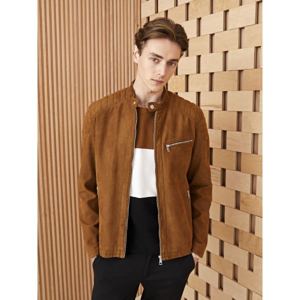 Slim Fit Biker Collar Suede Men's Coat