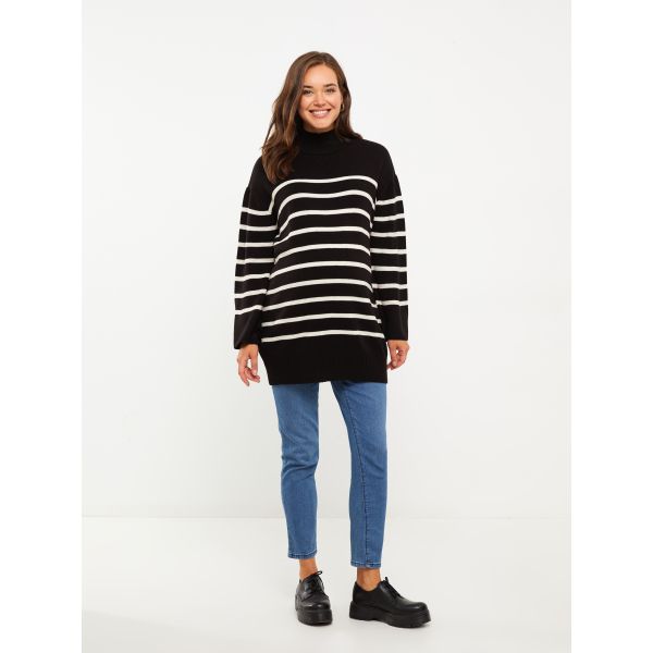 Half Turtleneck Striped Long Sleeve Women's Knitwear Tunic