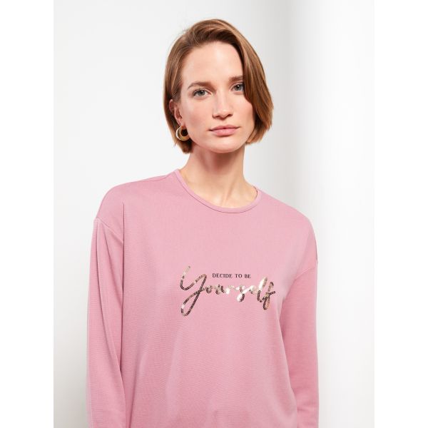 Crew Neck Sequin Embroidered Long Sleeve Women's Tunic