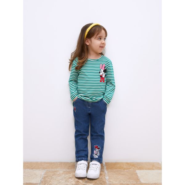 Elastic Waist Minnie Mouse Embroidered Baby Girl Jean Trousers