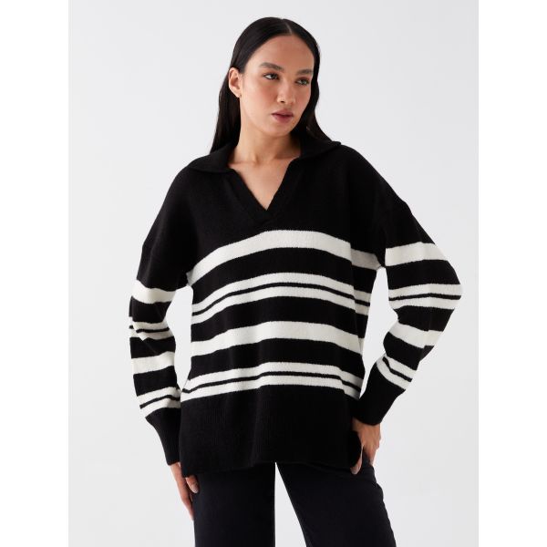 Polo Neck Striped Long-Sleeve Oversized Women's Knitwear Sweater