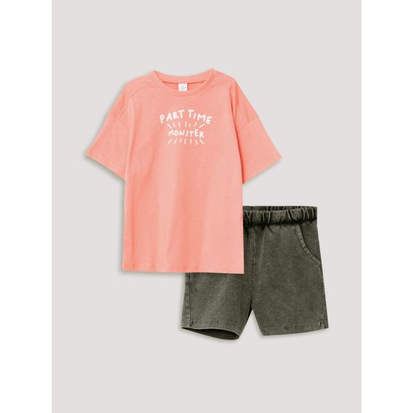 Crew Neck Short Sleeve Printed Baby Boy T-Shirt and Shorts 2-Piece Set