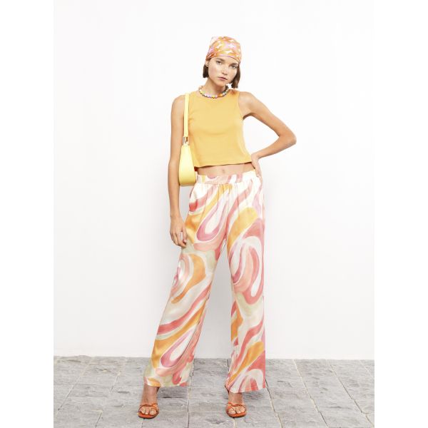 Elastic Waist Patterned Satin Women's Trousers