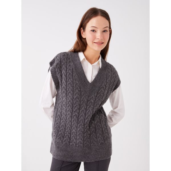 V-Neck Patterned Oversize Women's Knitwear Sweater