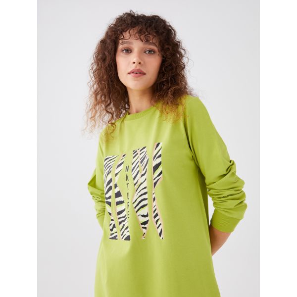 Crew Neck Printed Long Sleeve Oversize Women's Tunic