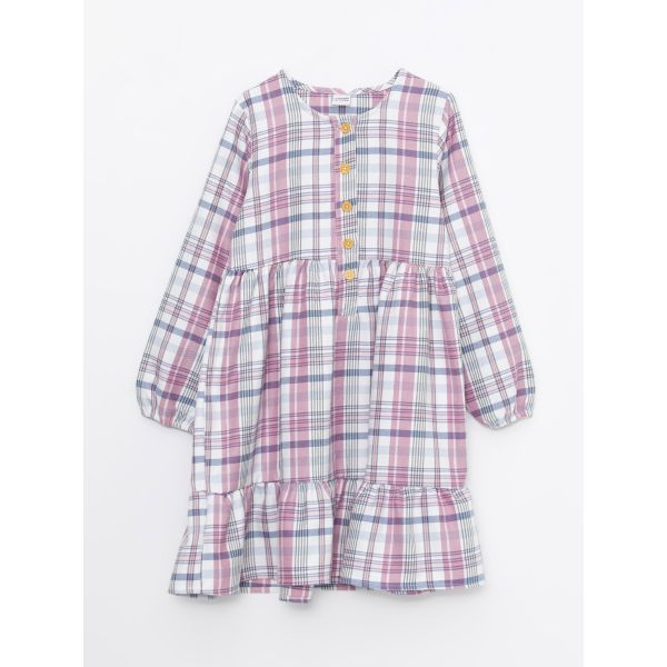 Crew Neck Plaid Long Sleeve Girl Dress