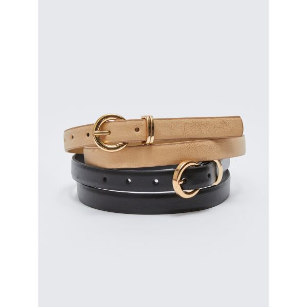 Leather Look Womens Slim Belt 2-Pack