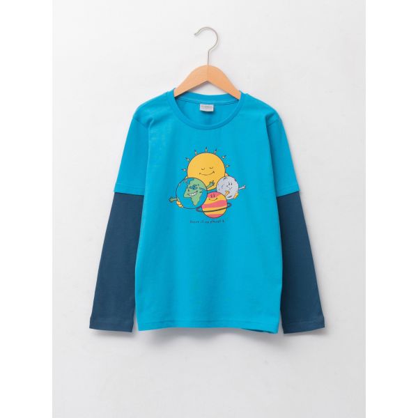 Crew Neck Printed Long Sleeve Cotton Boy T-shirt