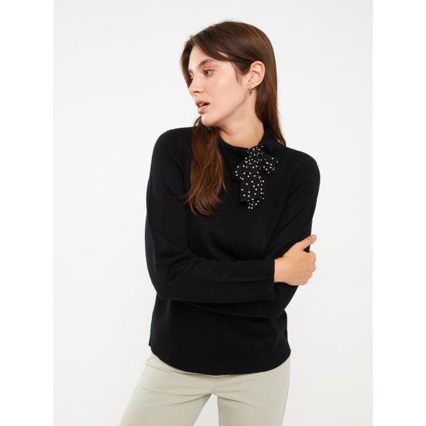 Tie Collar Straight Long Sleeve Women's Knitwear Sweater