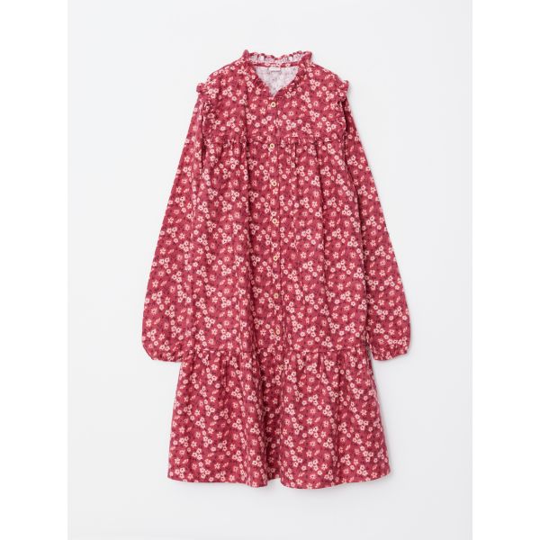 Crew Neck Patterned Long Sleeve Gabardine Girl Dress