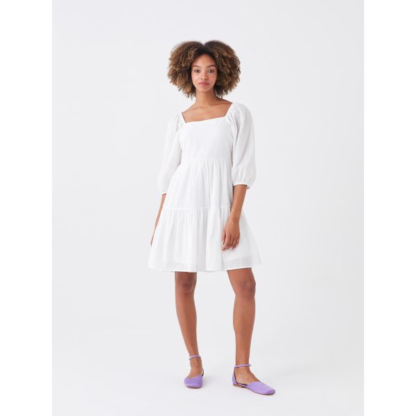 Square Collar Straight Balloon Sleeve Voile Women's Dress