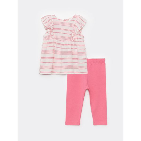 Crew Neck Short Sleeve Striped Baby Girl Blouse and Leggings 2-Pack Set