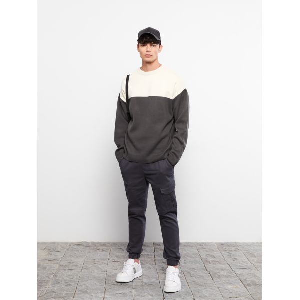 Crew Neck Long Sleeve Men's Tricot Sweater with Color Block