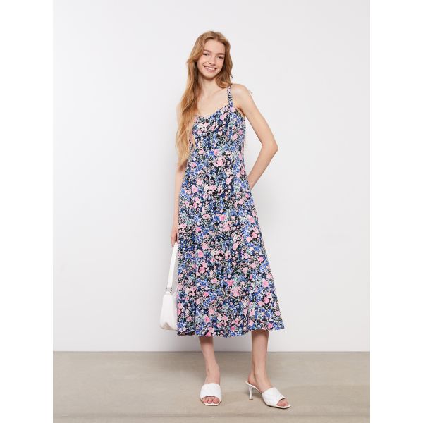 Heart Collar Floral Strap Viscose Women's Dress