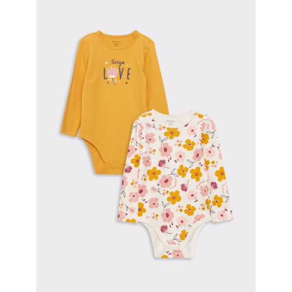 Crew Neck Long Sleeve Printed Baby Girl Body with Snap Crotch 2-Pack