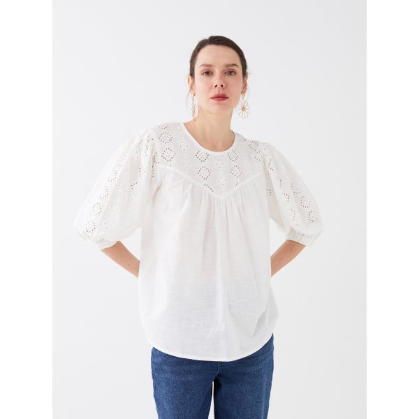 Crew Neck Self Patterned Balloon Sleeve Brode Women's Blouse