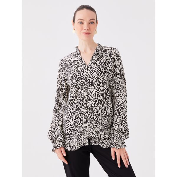 V Neck Patterned Long Sleeve Women's Blouse