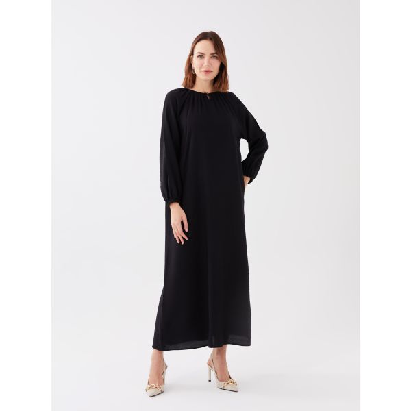 Crew Neck Straight Long Sleeve A-Line Linen Look Women's Dress