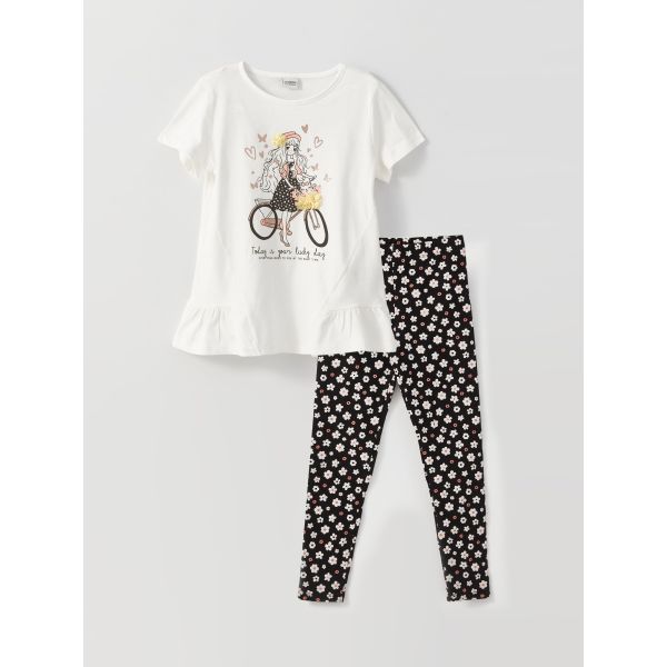 Crew Neck Printed Short Sleeve Girls T-Shirt and Tights