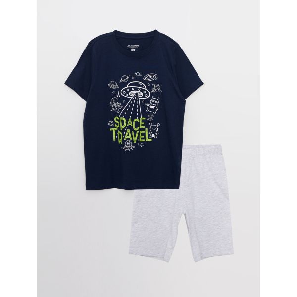 Crew Neck Printed Short Sleeve Boy's Short Pajamas Set