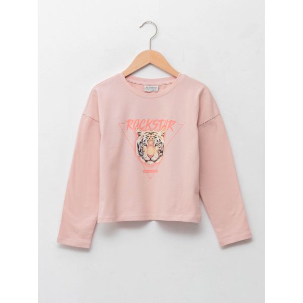 Crew Neck Printed Long Sleeve Cotton Girl T-shirt