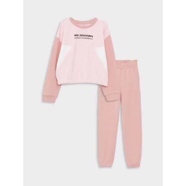 Crew Neck Printed Long Sleeve Girl Sweatshirt and Sweatpants