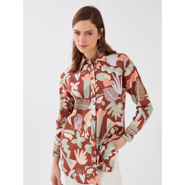 Shirt Collar Patterned Long Sleeve Women's Poplin Tunic