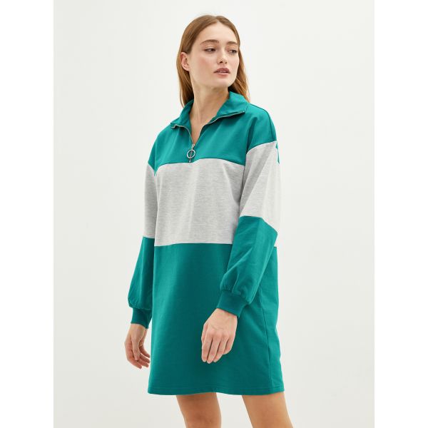 Turtle Neck Long Sleeve Women's Dress with Color Block