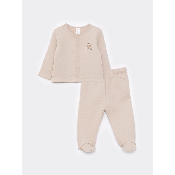 Crew Neck Long Sleeve Embroidery Detailed Baby Boy Cardigan and Trousers 2-Pack Set