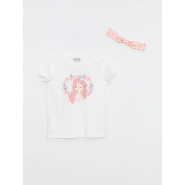 Crew Neck Printed Short Sleeve Girl's T-Shirt and Headband