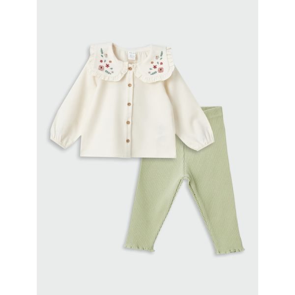 Bebe Collar Long Sleeve Cotton Baby Girl Blouse and Trousers 2-Pack Set