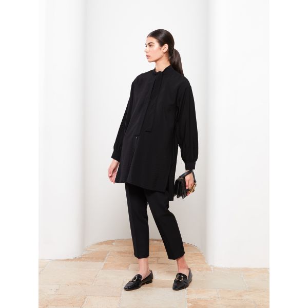 Tie Collar Straight Long Sleeve Oversize Women's Tunic