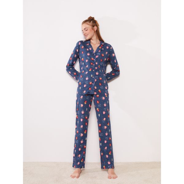 Shirt Neck Patterned Long Sleeve Cotton Women's Pajama Set