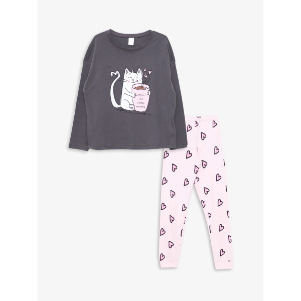 Crew Neck Printed Long Sleeve Girl Pajama Set