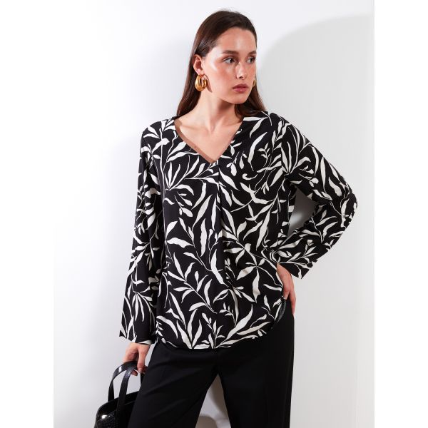 V Neck Patterned Long Sleeve Viscose Women Blouse