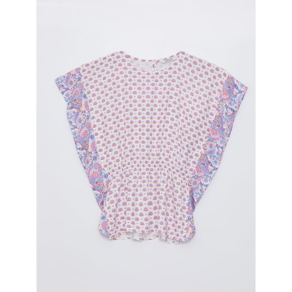 Crew Neck Patterned Short Sleeve Girls' Blouse