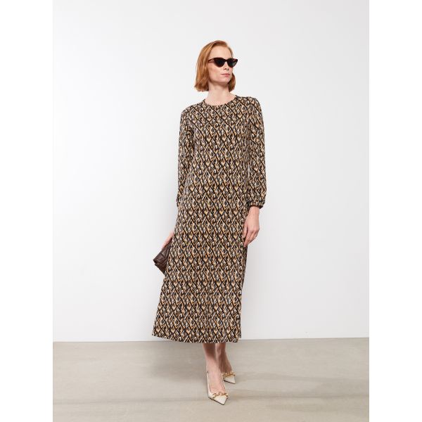 Crew Neck Patterned Long Sleeve Women's Dress