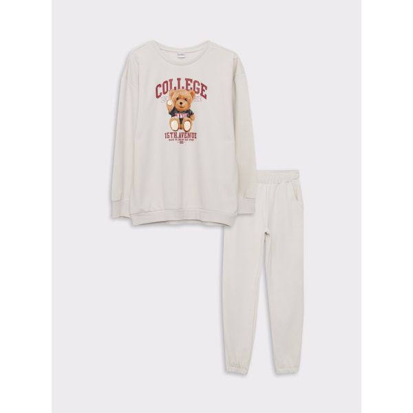 Crew Neck Printed Long Sleeve Girl Sweatshirt and Sweatpants