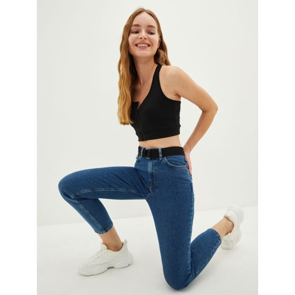 High Waist Mom Fit Belt Detailed Rodeo Women's Jean Trousers