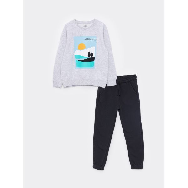 Crew Neck Printed Long Sleeve Boy Sweatshirt and Sweatpants