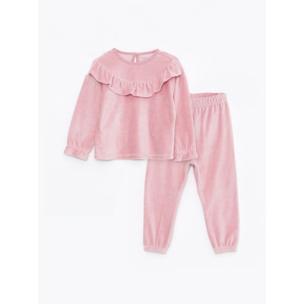 Crew Neck Long Sleeve Basic Baby Girl Velvet Pajamas Set