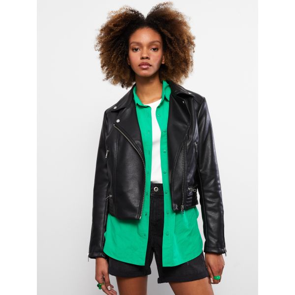 Biker Collar Regular Long Sleeve Women's Faux Leather Jacket