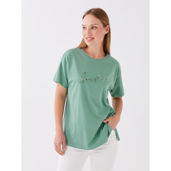 Crew Neck Sequins Embroidered Short Sleeve Women's T-Shirt