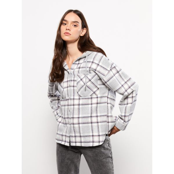 Hooded Plaid Long Sleeve Flannel Oversize Women Lumberjack Shirt Jacket