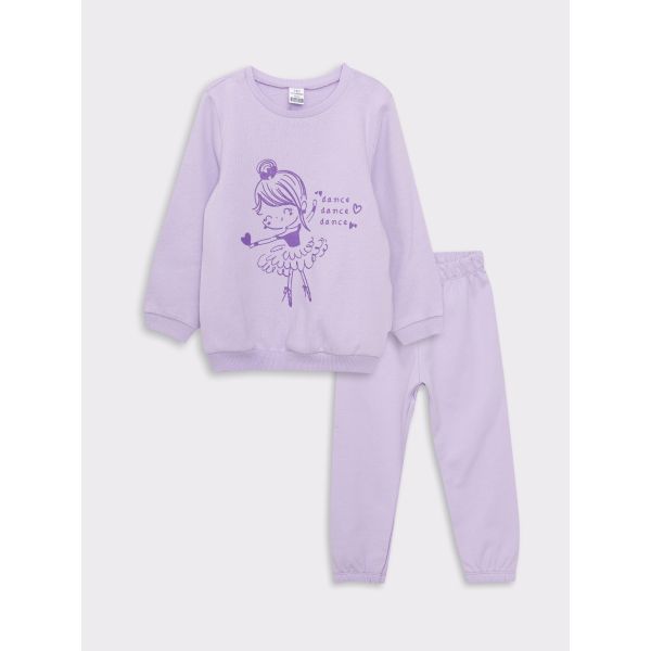 Crew Neck Long Sleeve Printed Baby Girl Sweatshirt and Trousers 2-Pack Set