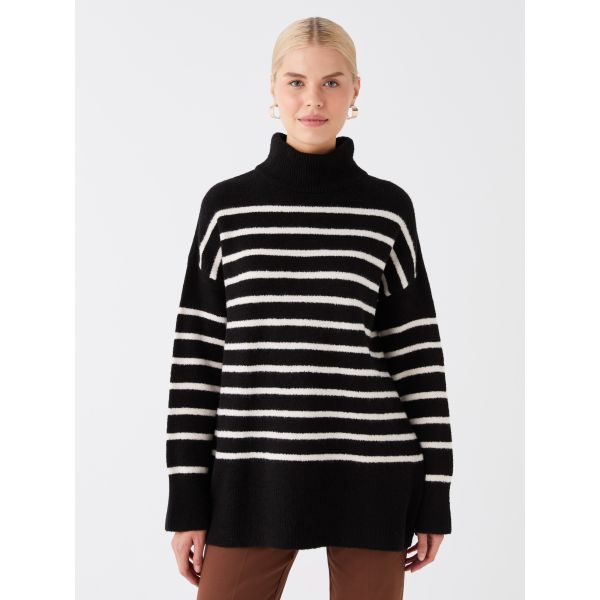 Turtleneck Striped Long Sleeve Oversize Women's Knitwear Sweater