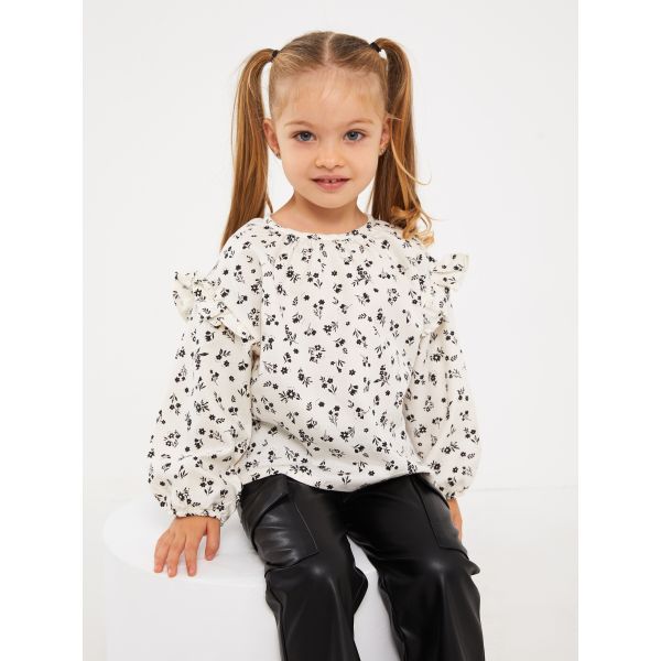 Crew Neck Long Sleeve Printed Baby Girl Shirt