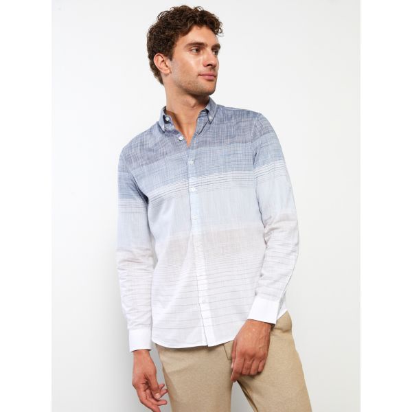 Regular Fit Long Sleeve Striped Poplin Men's Shirt