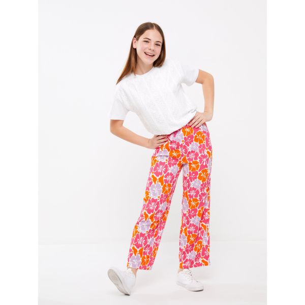 Elastic Waist Patterned Wide Leg Girl Trousers