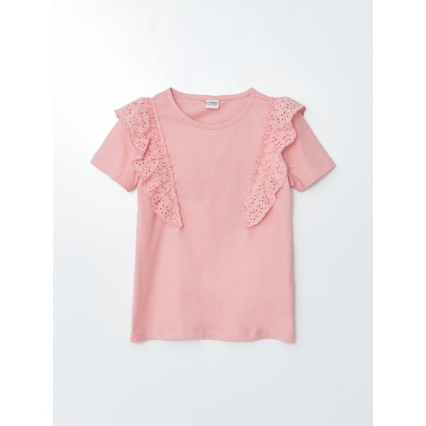 Crew Neck Scalloped Detailed Short Sleeve Girls T-Shirt